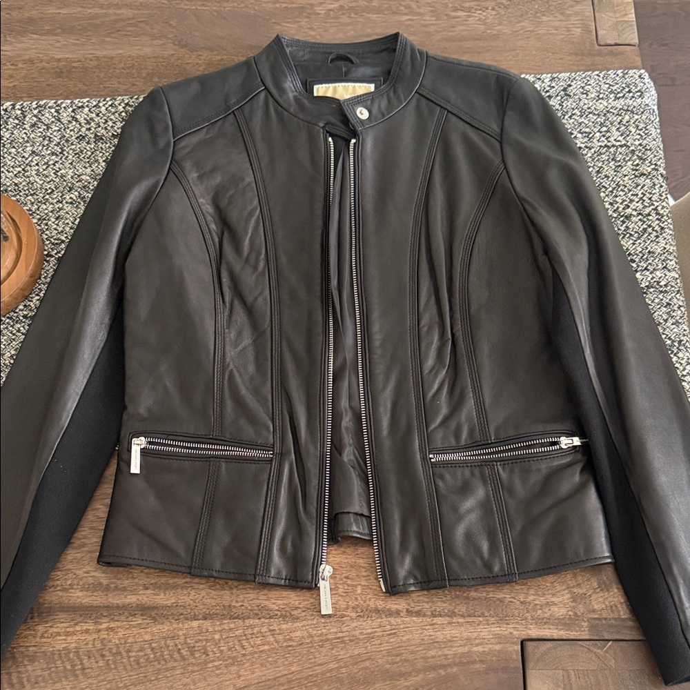 Michael Kors Black Leather Zip-Front Moto Jacket